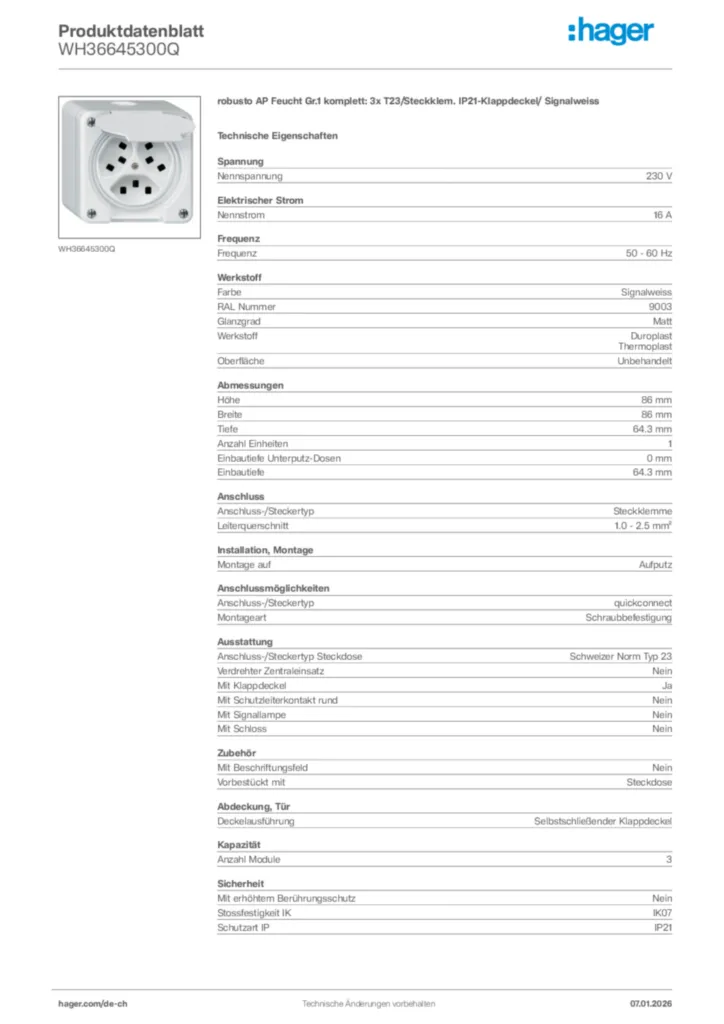 Bild Hager Produktdatenblatt WH36645300Q | Hager Schweiz