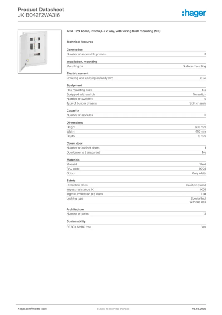 Image Hager Product data sheet JK1B042F2WA316  | Hager