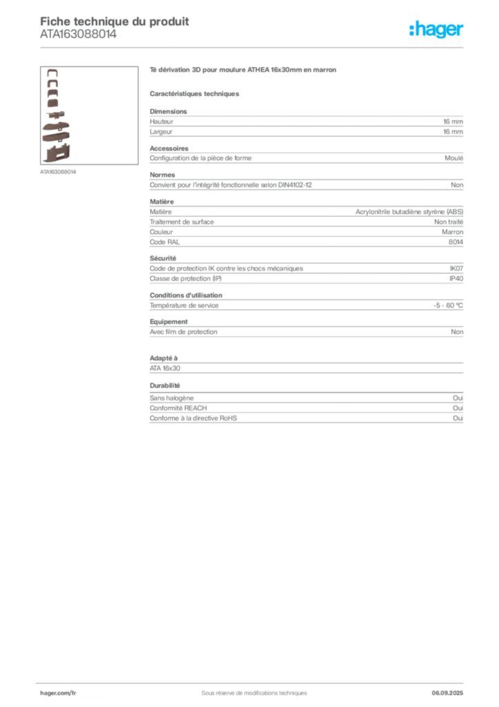 Image Hager Fiche technique du produit ATA163088014 | Hager France