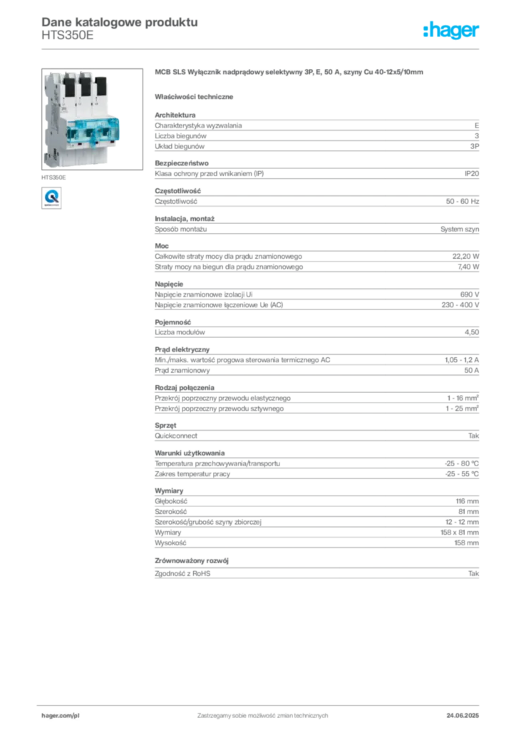 Zdjęcie Hager Dane katalogowe produktu HTS350E | Hager Polska