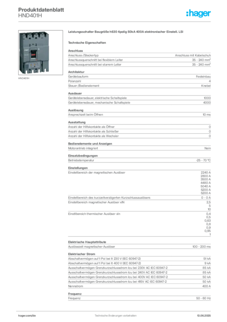Bild Hager Produktdatenblatt HND401H | Hager Deutschland