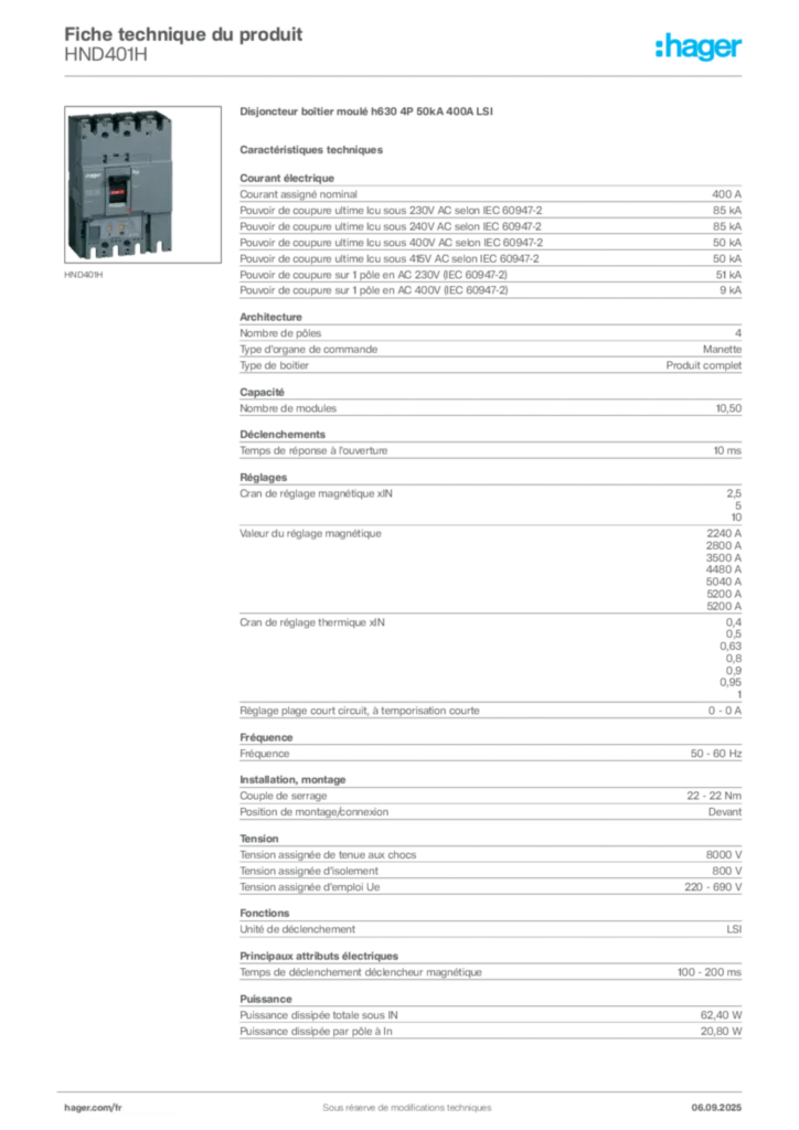 Image Hager Fiche technique du produit HND401H | Hager France