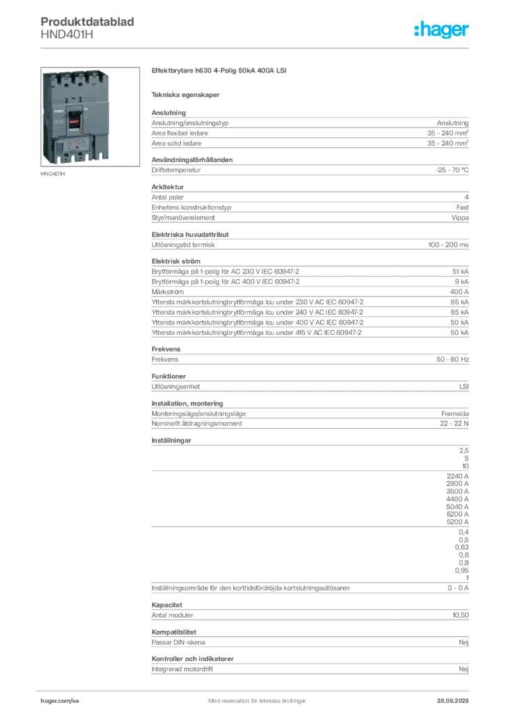 Bild Hager Produktdatablad HND401H | Hager Sverige