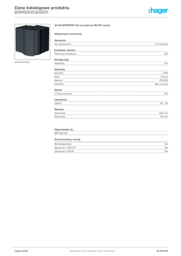 Zdjęcie Hager Dane katalogowe produktu BRP651003H9011 | Hager Polska