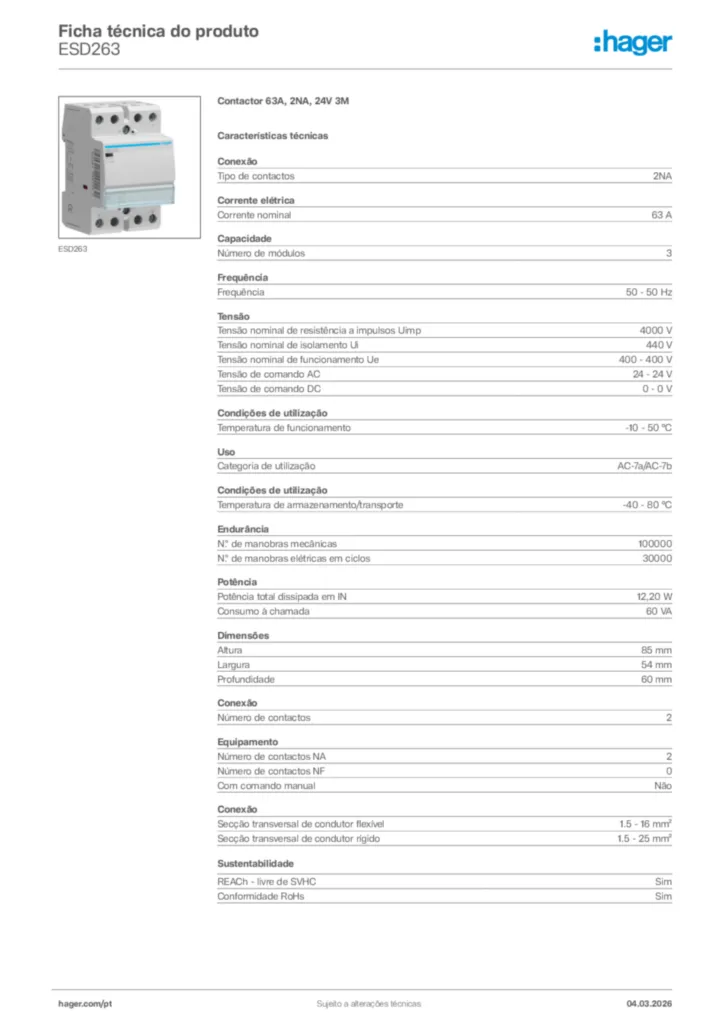Imagem Hager Ficha técnica do produto ESD263 | Hager Portugal