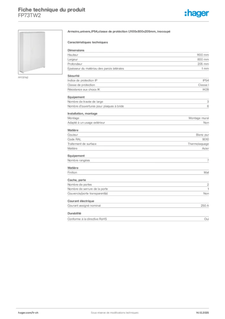 Image Hager Fiche technique du produit FP73TW2 | Hager Suisse