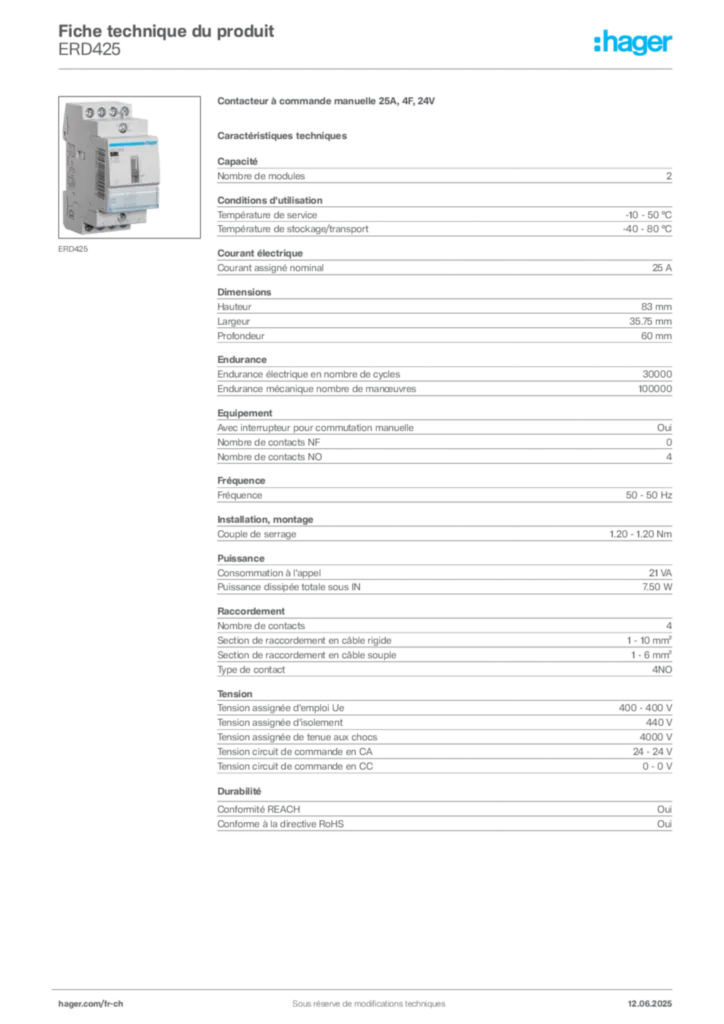 Image Hager Fiche technique du produit ERD425 | Hager Suisse