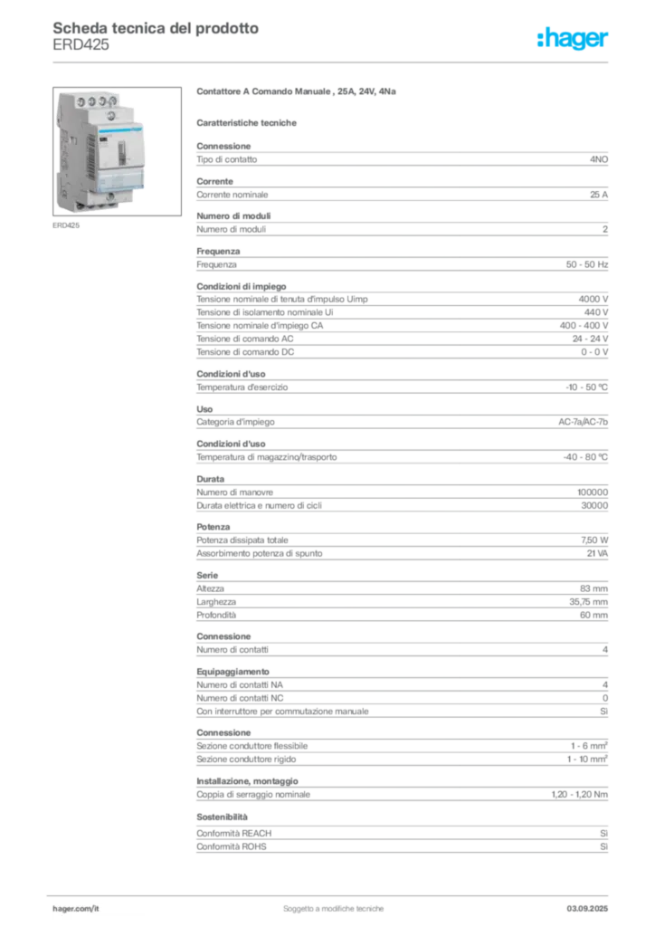 Immagine Hager Scheda tecnica del prodotto ERD425 | Hager Italia