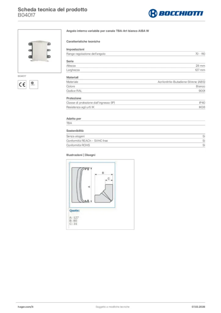 Immagine Bocchiotti Scheda tecnica del prodotto B04017 | Hager Italia