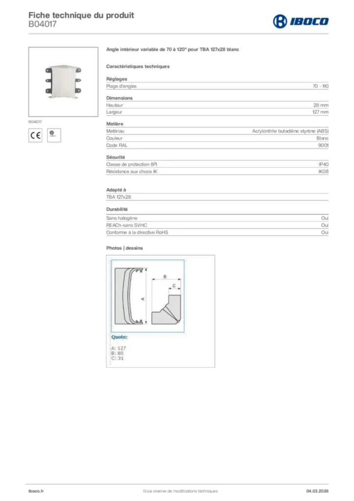 Image Iboco Fiche technique du produit B04017 | Hager France