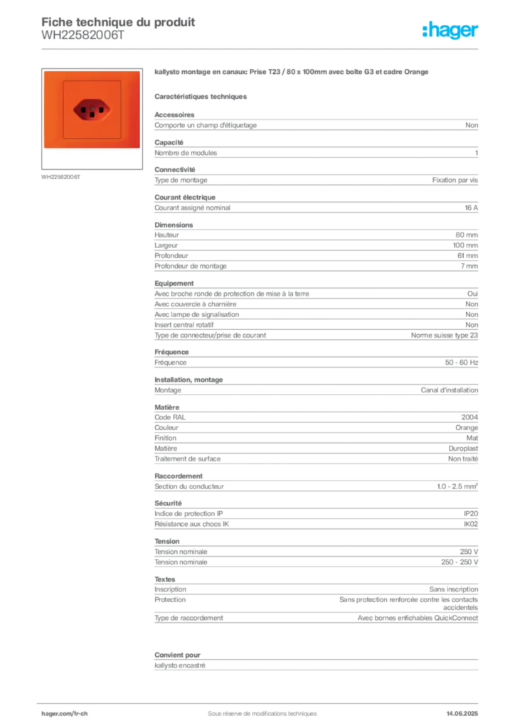 Image Hager Fiche technique du produit WH22582006T | Hager Suisse
