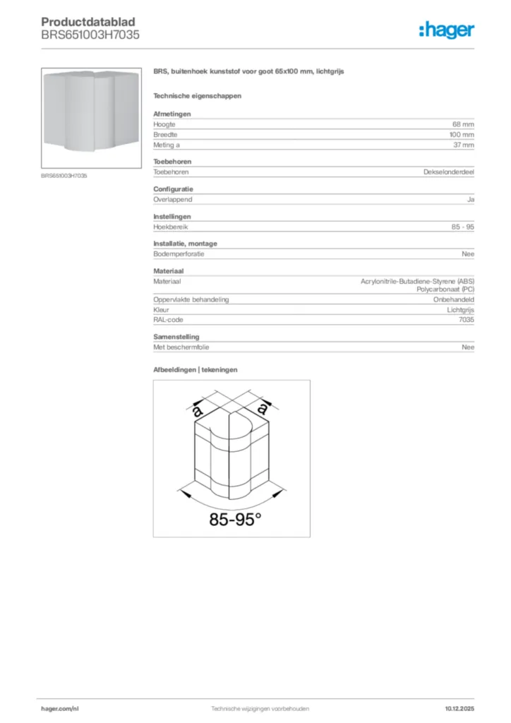 Afbeelding Hager Productdatablad BRS651003H7035 | Hager Nederland