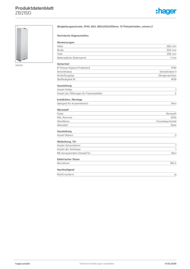 Bild Hager Produktdatenblatt ZB21SD | Hager Deutschland