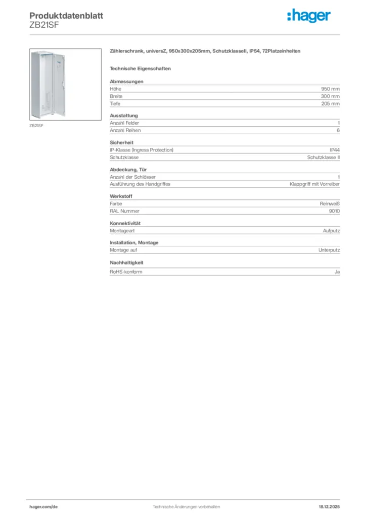 Bild Hager Produktdatenblatt ZB21SF | Hager Deutschland