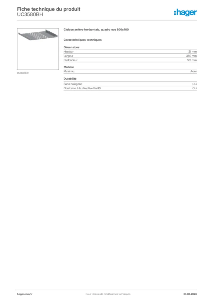 Image Hager Fiche technique du produit UC3580BH | Hager France