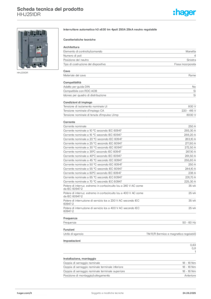 Immagine Hager Scheda tecnica del prodotto HHJ251DR | Hager Italia