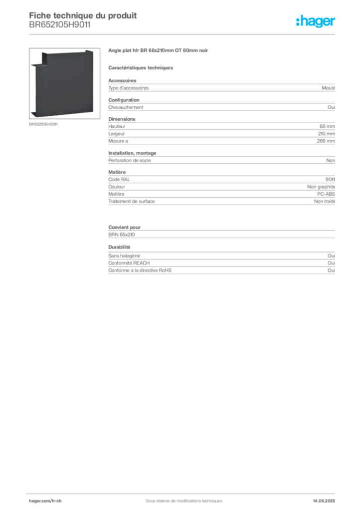 Image Hager Fiche technique du produit BR652105H9011 | Hager Suisse