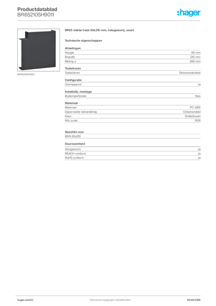 Afbeelding Hager Productdatablad BR652105H9011 | Hager Nederland