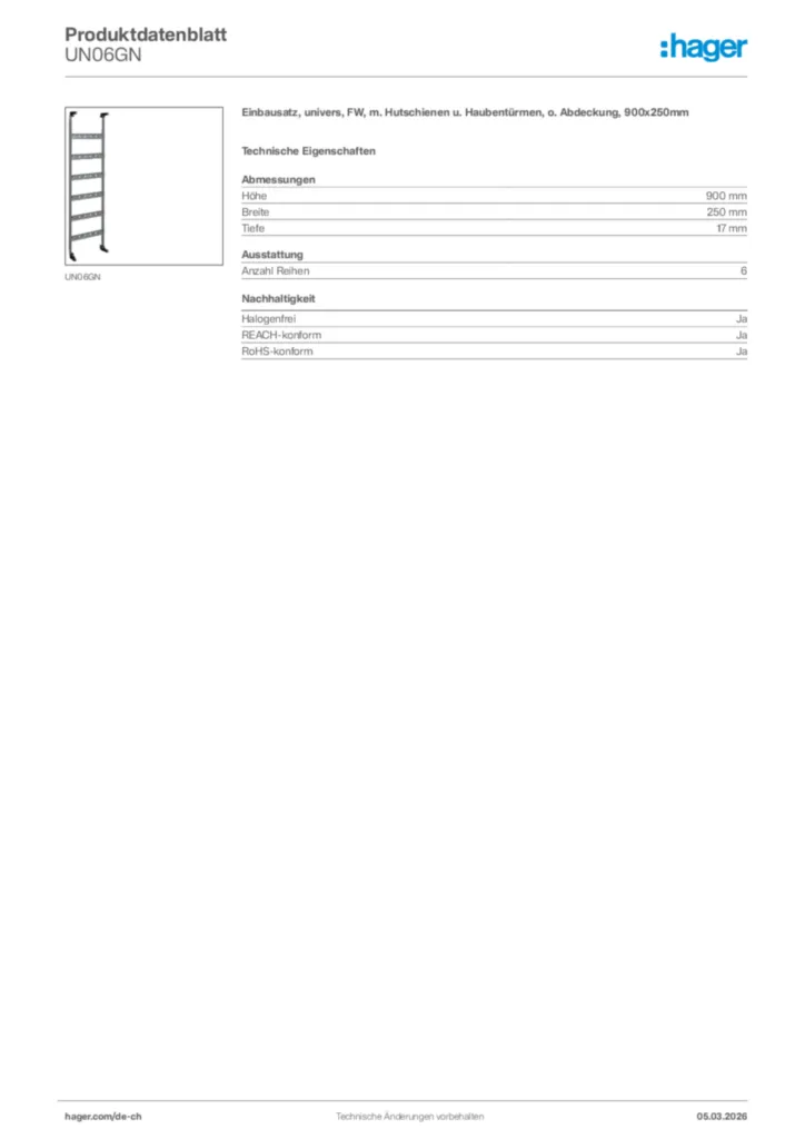 Bild Hager Produktdatenblatt UN06GN | Hager Schweiz