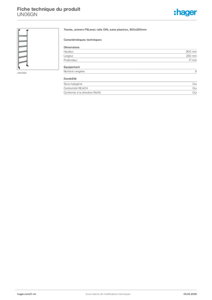 Image Hager Fiche technique du produit UN06GN | Hager Suisse