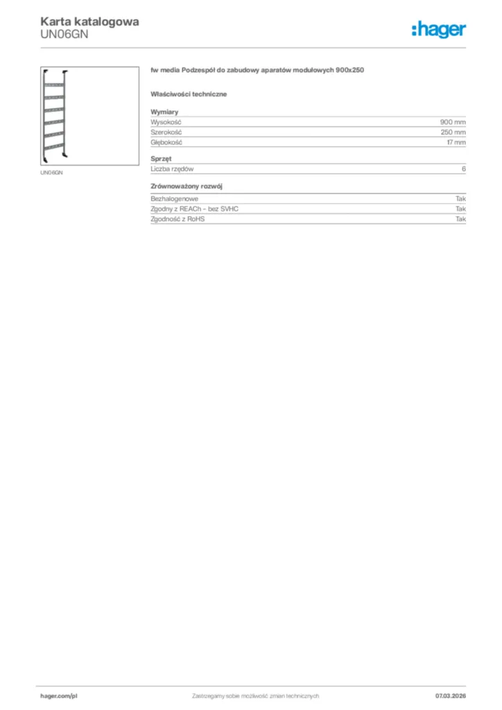 Zdjęcie Hager Karta katalogowa UN06GN | Hager Polska
