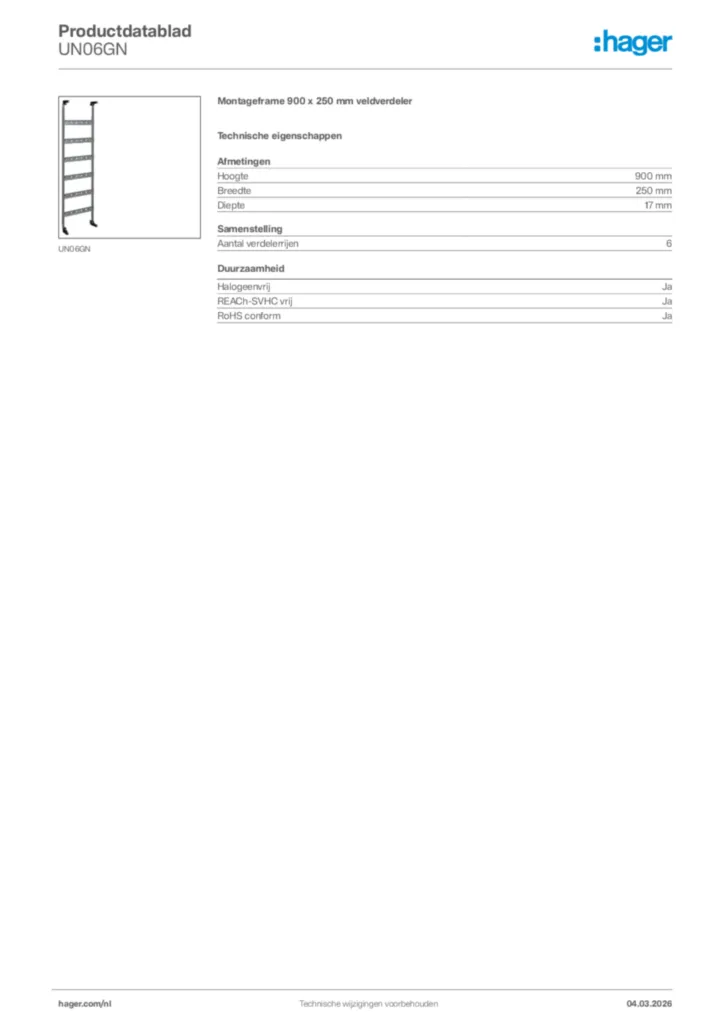 Afbeelding Hager Productdatablad UN06GN | Hager Nederland