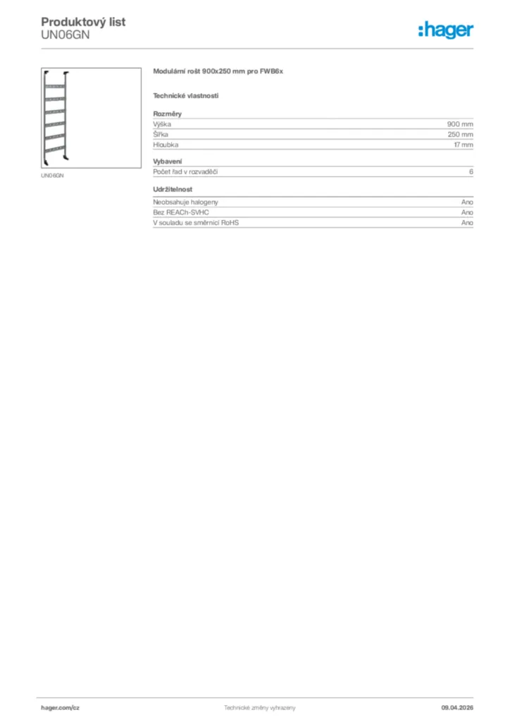 Obrázek Hager Product data sheet UN06GN | Hager