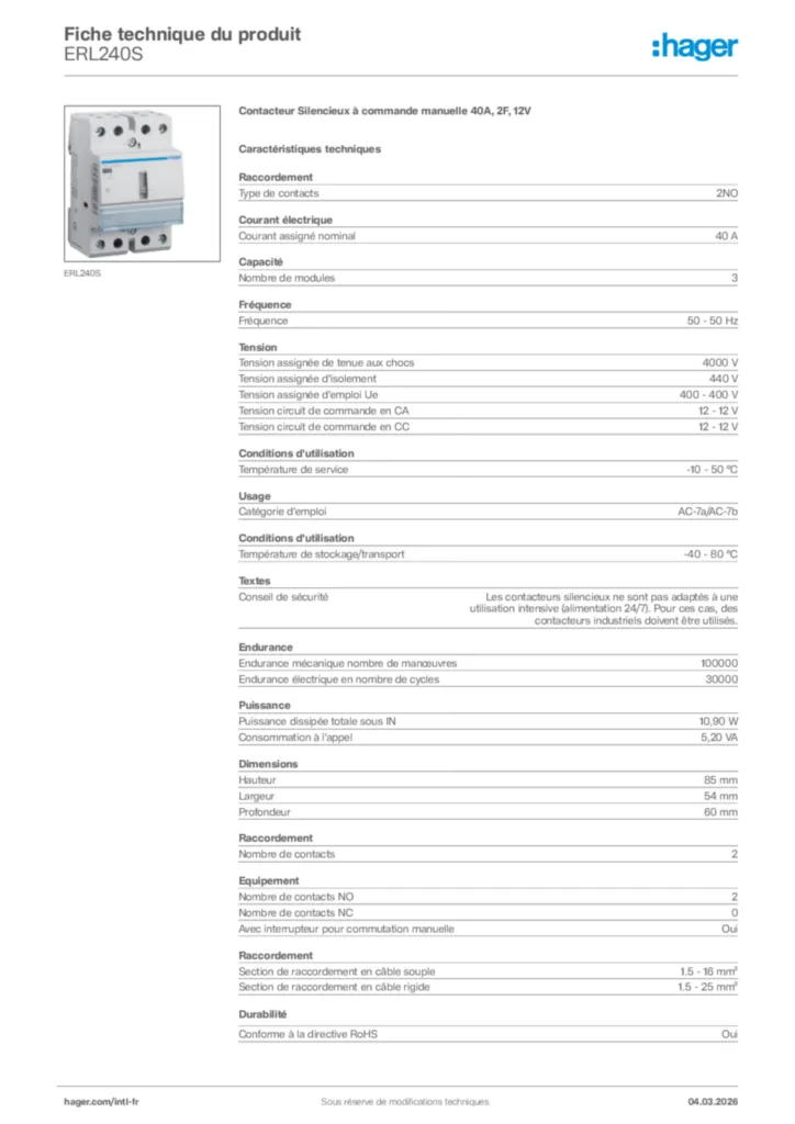 Image Hager Fiche technique du produit ERL240S | Hager Afrique