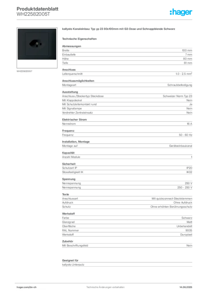 Bild Hager Produktdatenblatt WH22582005T | Hager Schweiz