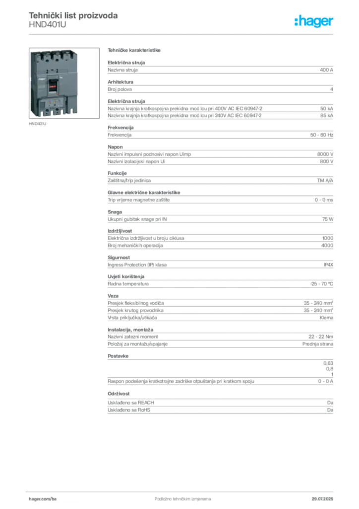 Slika Hager Product data sheet HND401U  | Hager