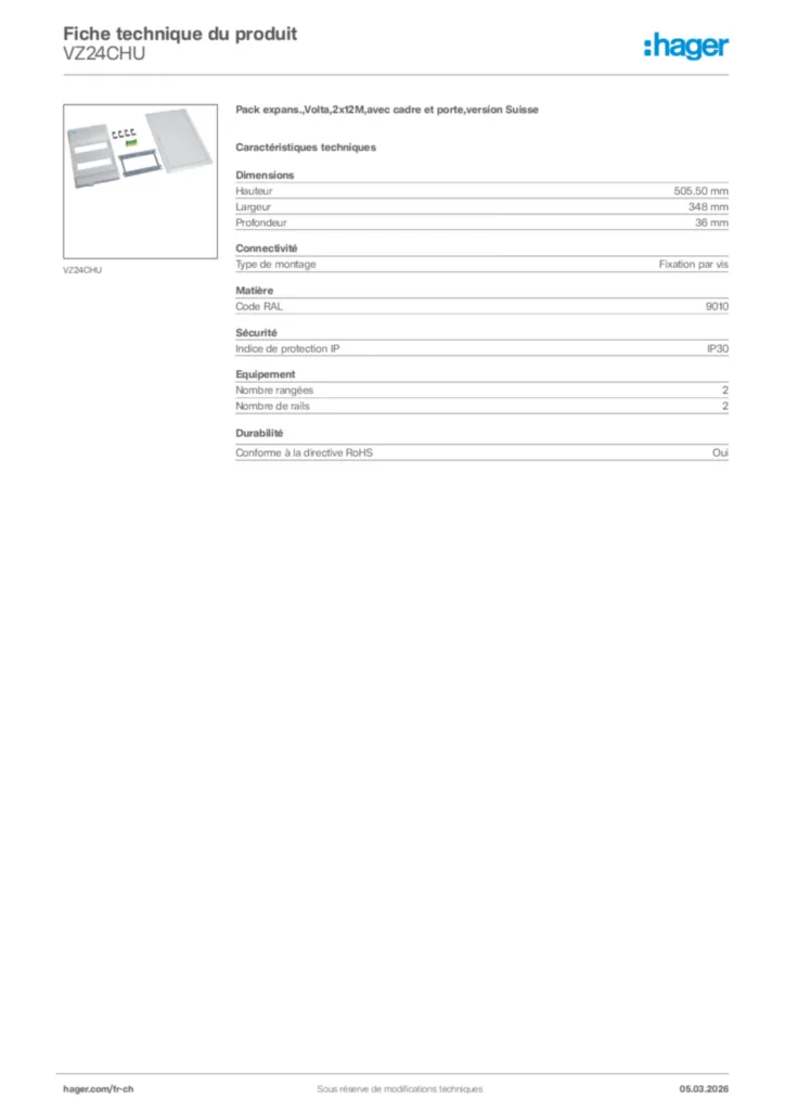 Image Hager Fiche technique du produit VZ24CHU | Hager Suisse