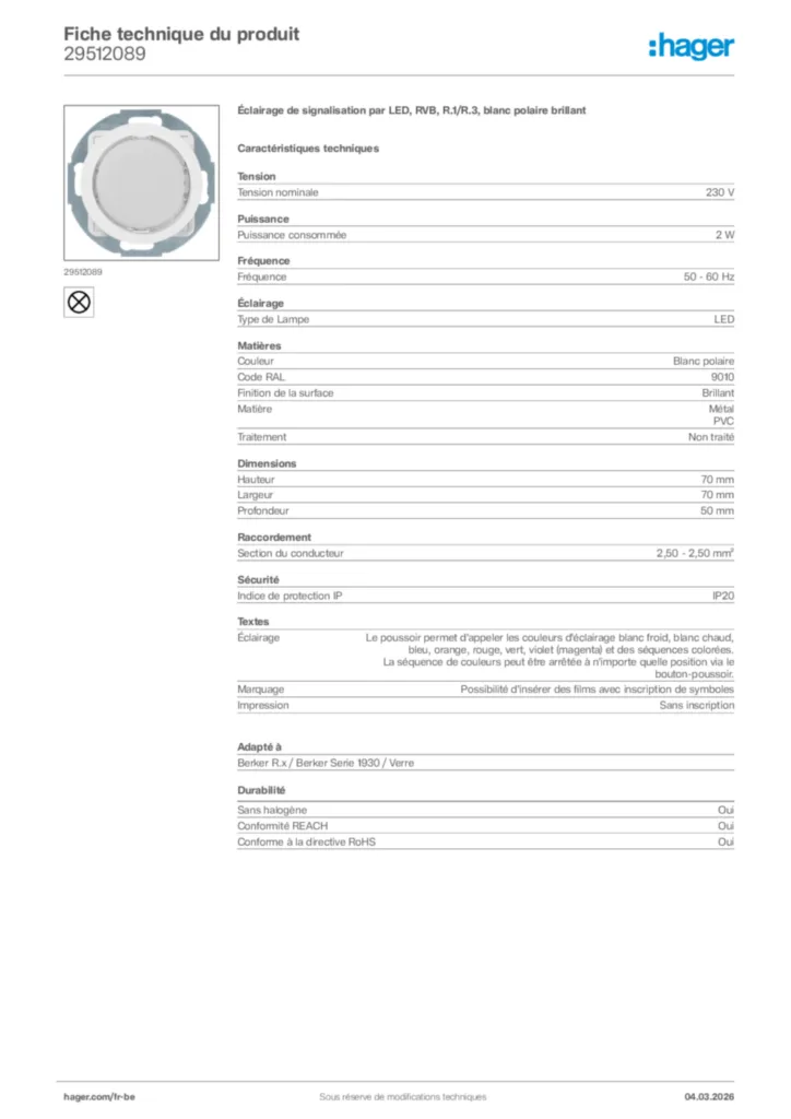 Image Hager Fiche technique du produit 29512089 | Hager Belgique