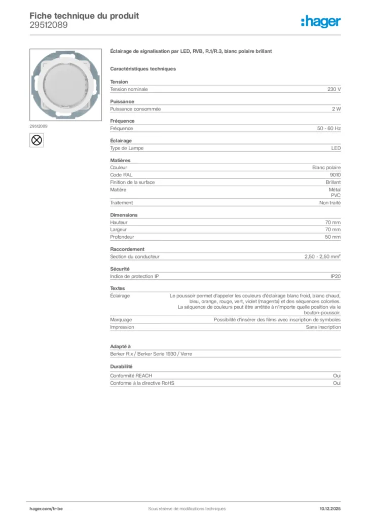 Image Hager Fiche technique du produit 29512089 | Hager Belgique