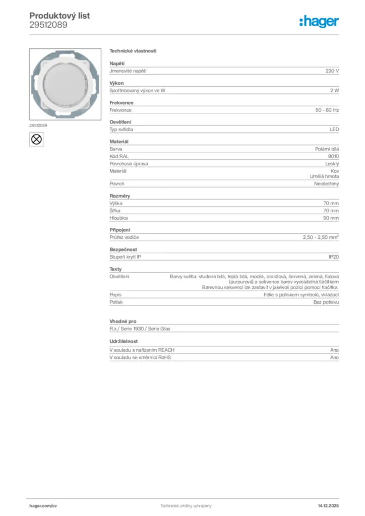 Obrázek Hager Produktový list 29512089 | Hager