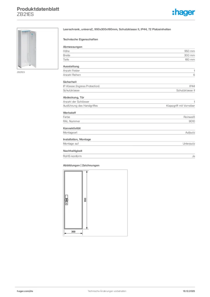 Bild Hager Produktdatenblatt ZB21ES | Hager Deutschland