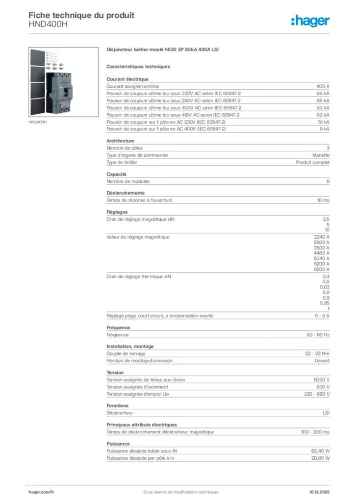 Image Hager Fiche technique du produit HND400H | Hager France