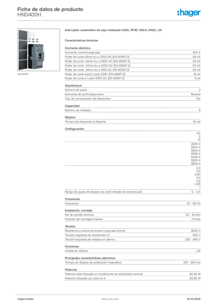 Imagen Hager Ficha de datos de producto HND400H | Hager España