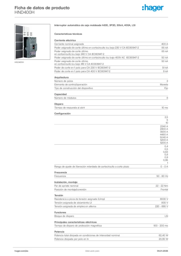 Imagen Hager Ficha de datos de producto HND400H | Hager España