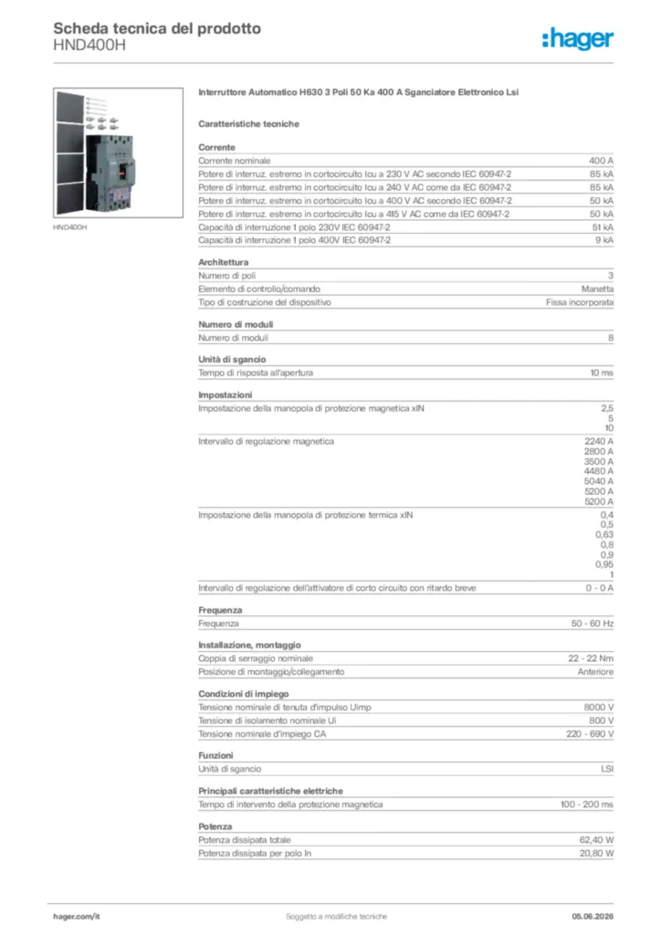 Immagine Hager Scheda tecnica del prodotto HND400H | Hager Italia