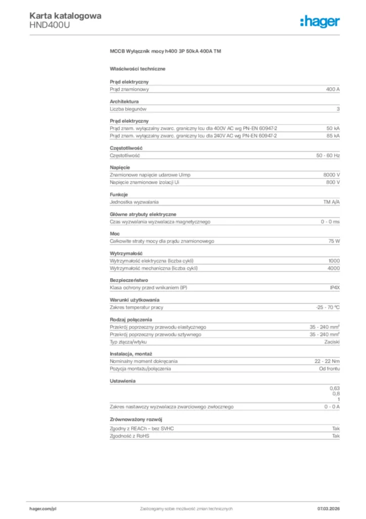 Zdjęcie Hager Karta katalogowa HND400U | Hager Polska