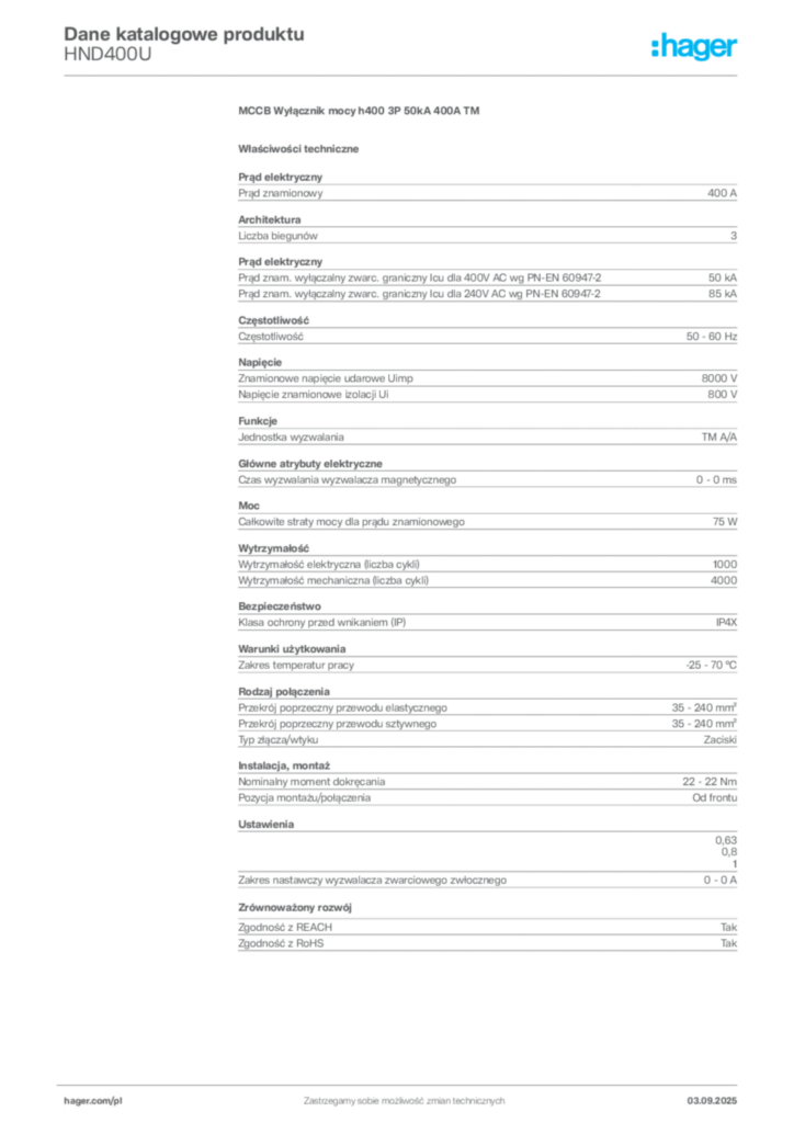 Zdjęcie Hager Dane katalogowe produktu HND400U | Hager Polska