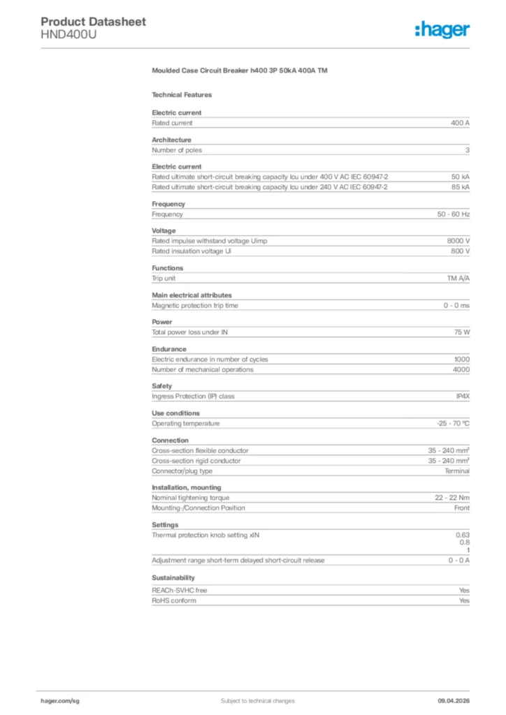 Image Hager Product data sheet HND400U  | Hager
