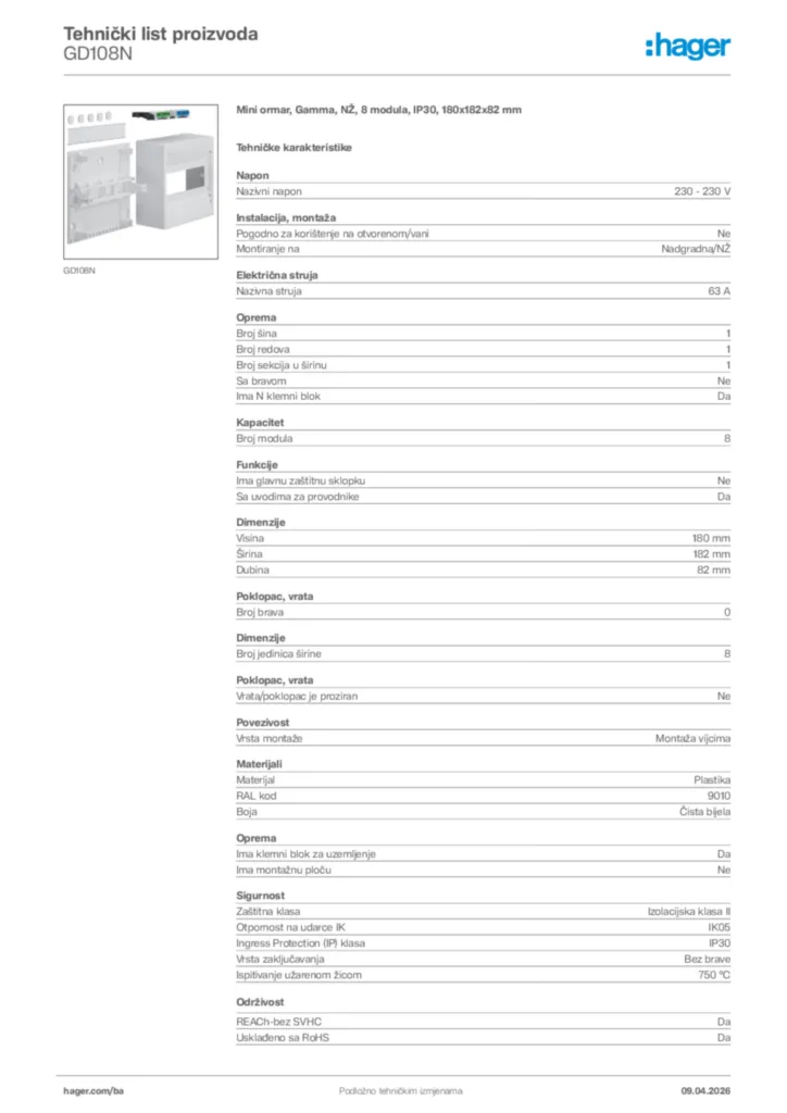 Slika Hager Tehnički list proizvoda GD108N  | Hager