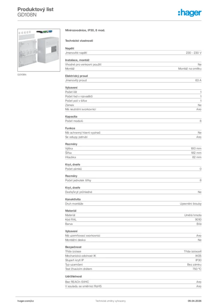 Obrázek Hager Product data sheet GD108N | Hager