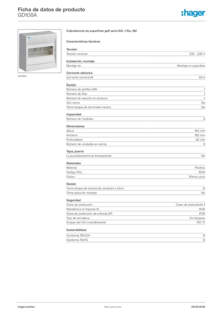 Imagen Hager Ficha de datos de producto GD108A | Hager España