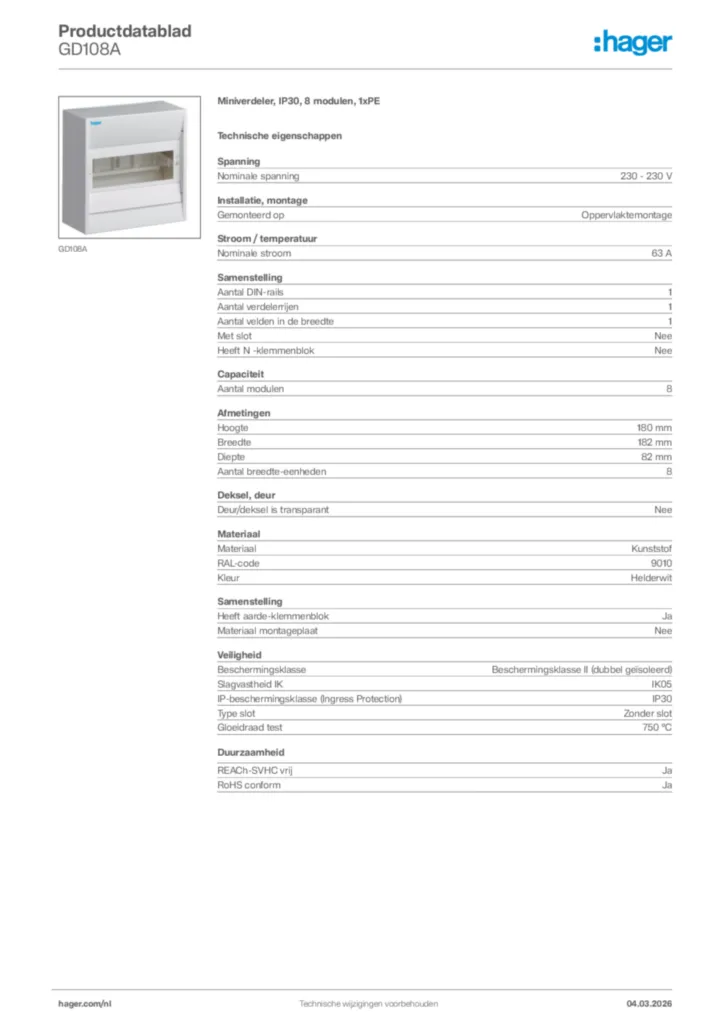 Afbeelding Hager Productdatablad GD108A | Hager Nederland