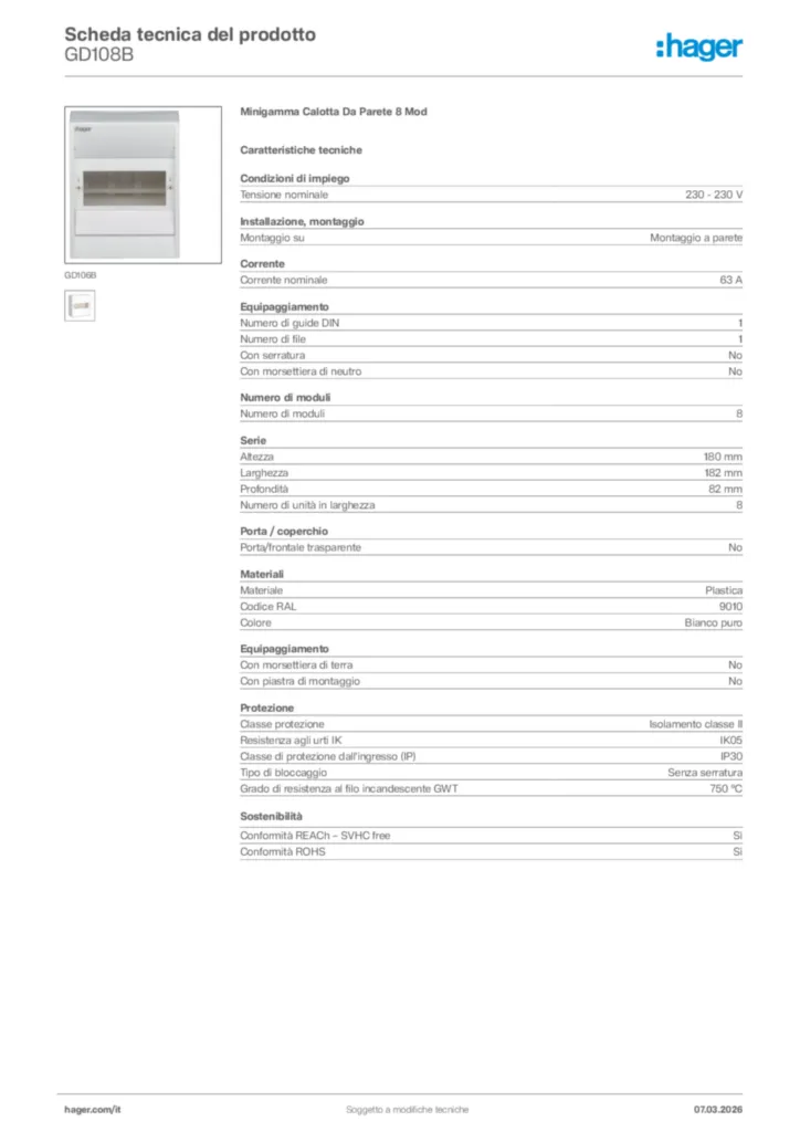 Immagine Hager Scheda tecnica del prodotto GD108B | Hager Italia