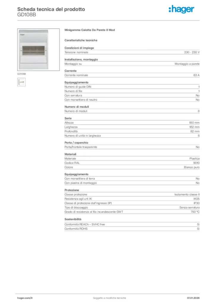 Immagine Hager Scheda tecnica del prodotto GD108B | Hager Italia