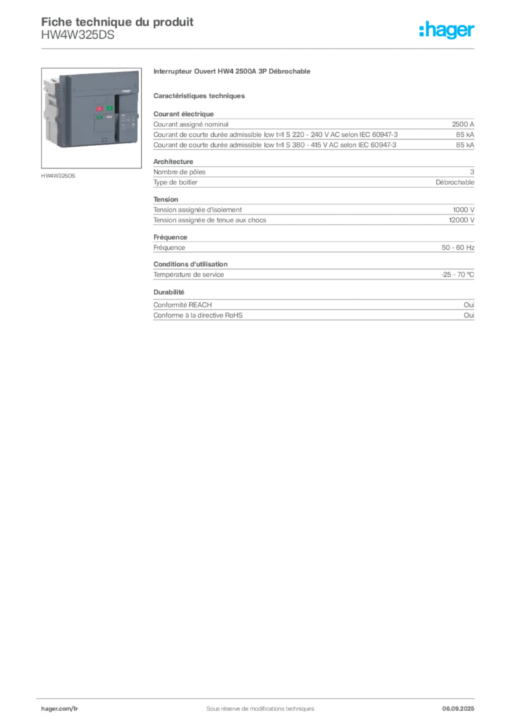 Image Hager Fiche technique du produit HW4W325DS | Hager France