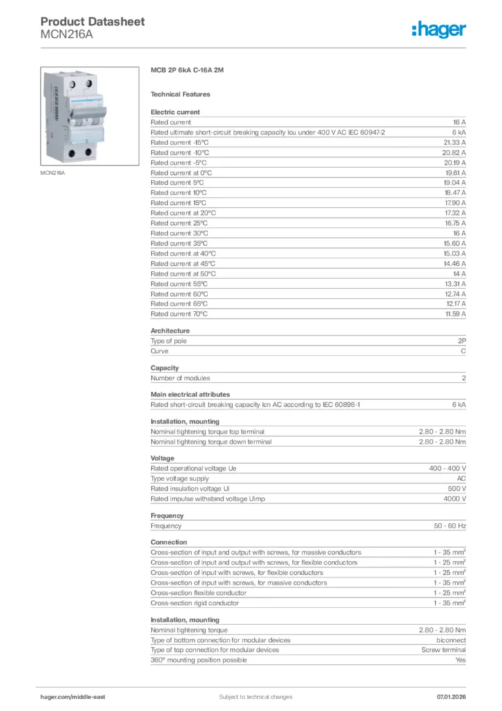 Image Hager Product data sheet MCN216A  | Hager